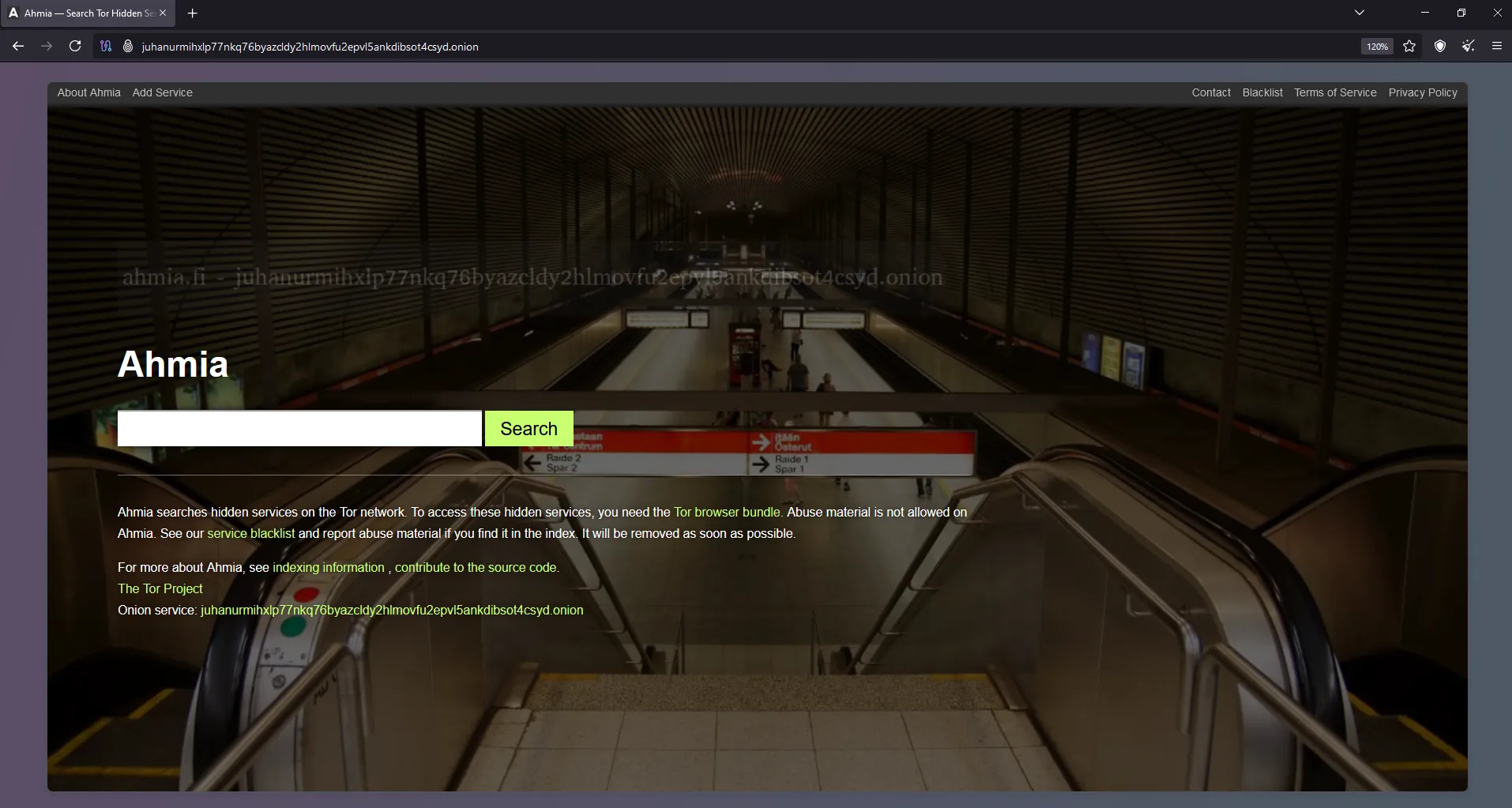 Giao diện công cụ tìm kiếm Ahmia.fi chuyên dụng để duyệt các trang web .onion trên Dark Web