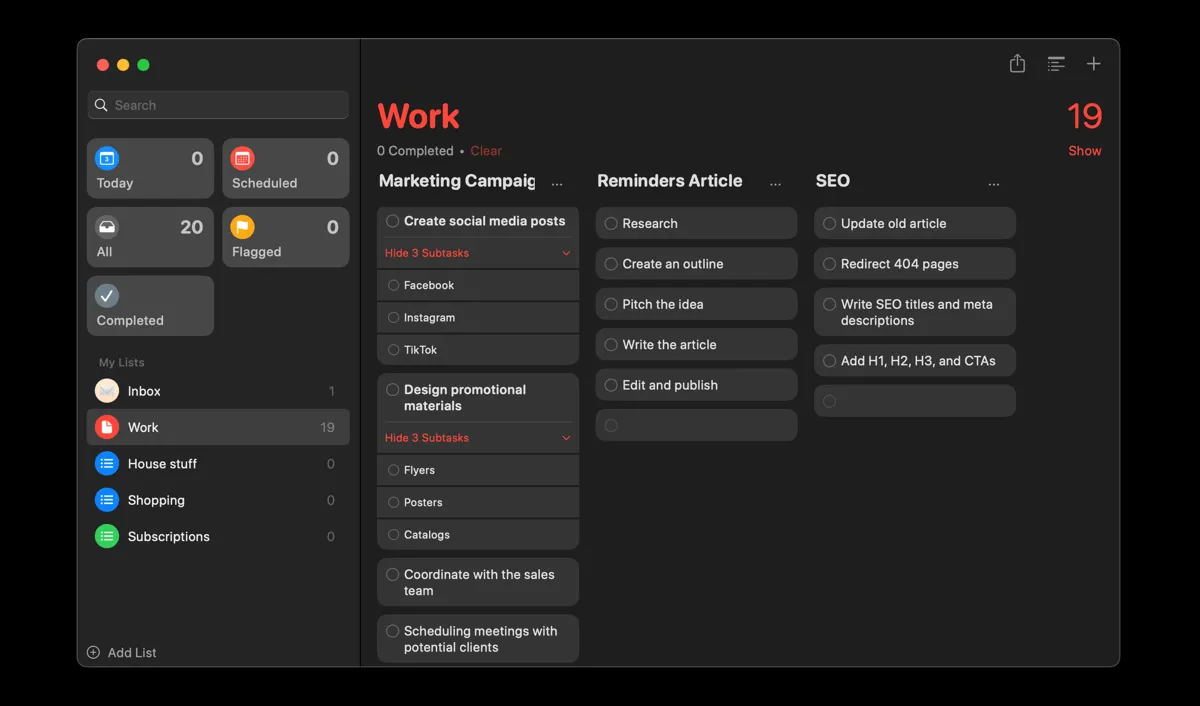 Giao diện cột (Kanban-style) trong ứng dụng Apple Reminders, giúp trực quan hóa và sắp xếp công việc hiệu quả.