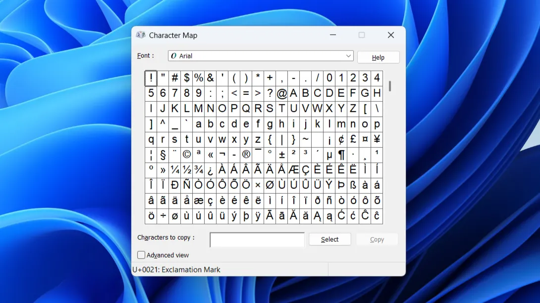 Giao diện cũ kỹ của công cụ Character Map trên Windows 11