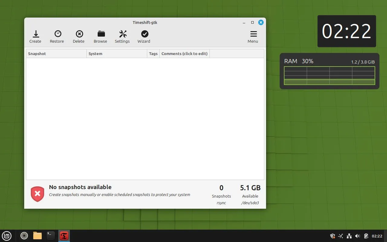 Giao diện của ứng dụng Timeshift trong Linux Mint, giúp sao lưu và khôi phục hệ thống một cách hiệu quả.