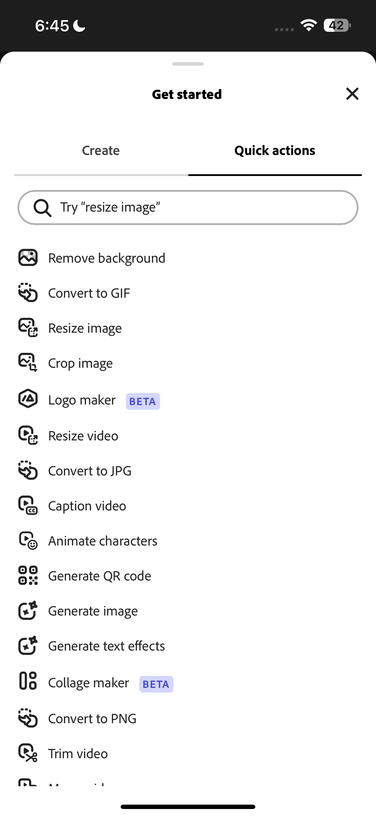 Giao diện danh sách các tác vụ nhanh (Quick Actions) trong Adobe Express, hiển thị các công cụ tiện ích