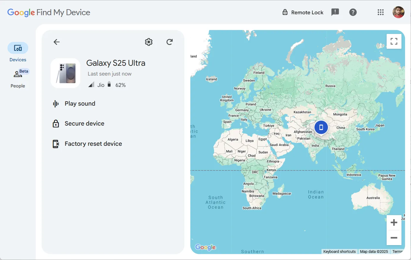 Giao diện Google Find My Device để định vị điện thoại Android