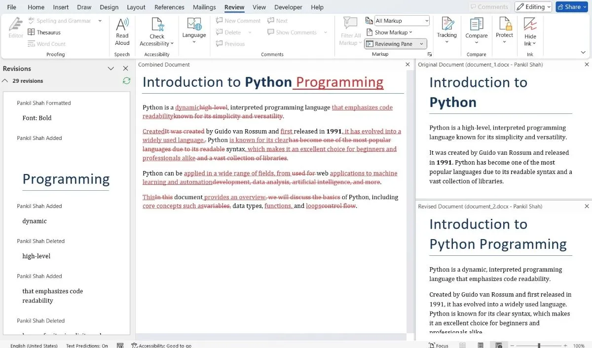 Giao diện kết quả so sánh tài liệu trong Microsoft Word, hiển thị các thay đổi được đánh dấu trong tài liệu hợp nhất và khung tóm tắt thay đổi ở bên trái.