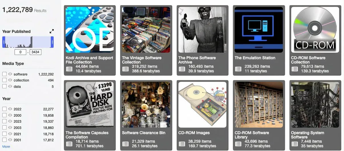 Giao diện kho lưu trữ phần mềm cổ điển và game retro của Internet Archive, cho phép chơi trực tiếp trên trình duyệt