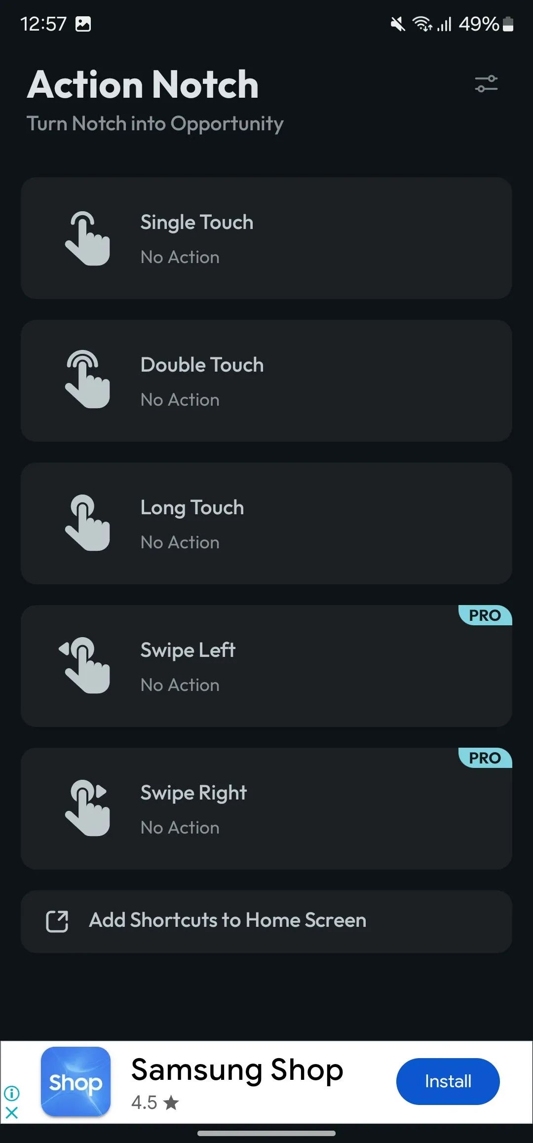 Giao diện lựa chọn cử chỉ trong Action Notch, với tùy chọn &quot;Scroll to Top&quot; được chọn, hiển thị các loại cử chỉ có thể gán cho lỗ camera.