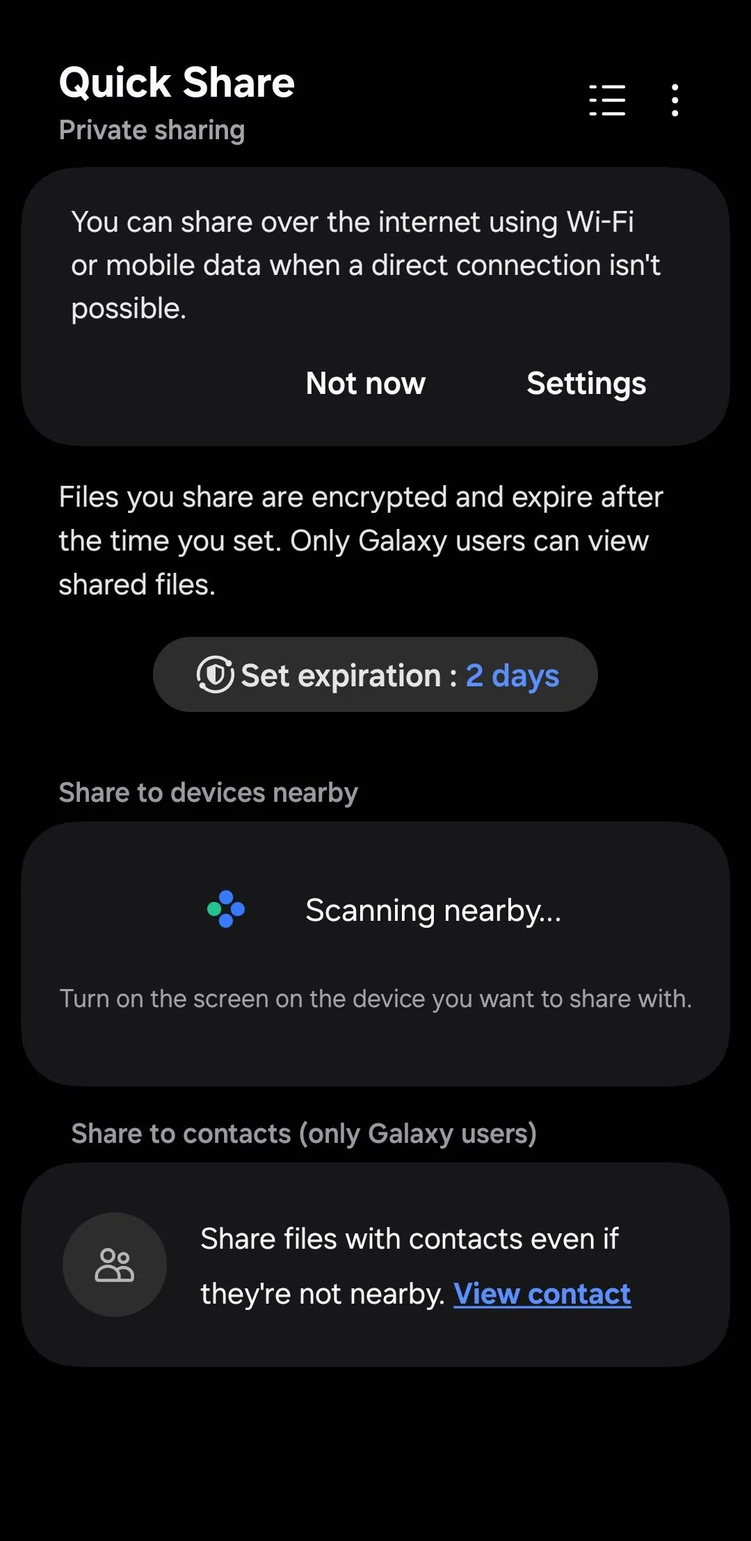 Giao diện menu chia sẻ riêng tư Private Share trên điện thoại Samsung