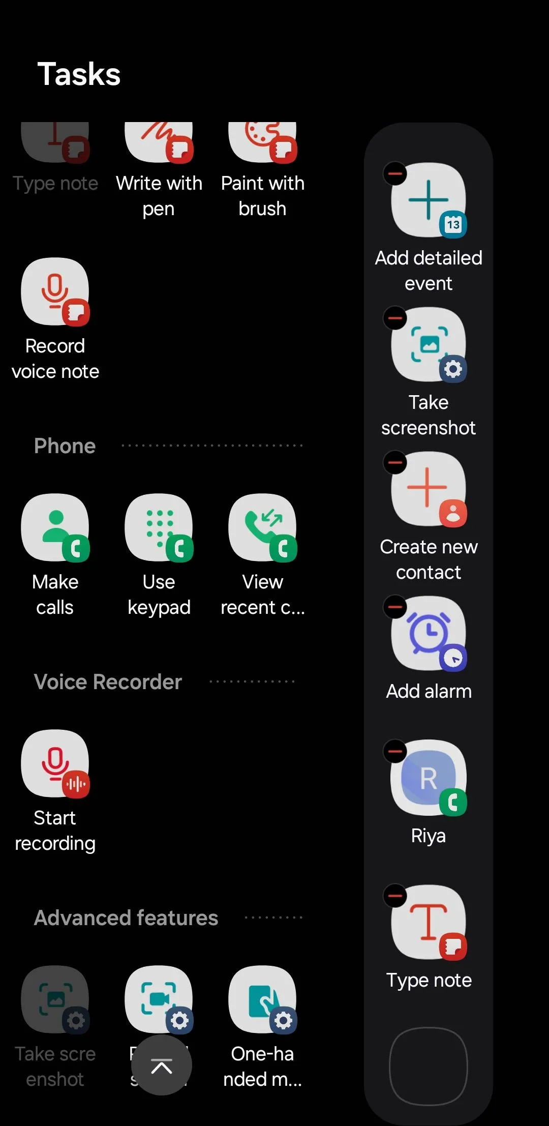 Giao diện menu Tasks (Tác vụ) trên thanh cạnh Edge Panel của điện thoại Samsung, cho phép thêm các phím tắt nhanh.
