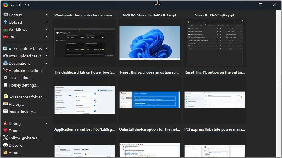 Giao diện người dùng của ShareX trên Windows 11, hiển thị các tùy chọn chụp và chia sẻ màn hình.