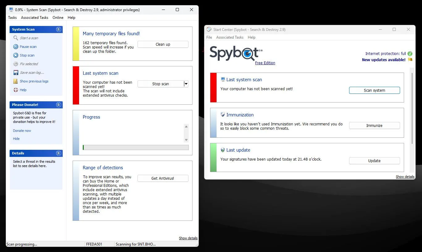 Giao diện phần mềm Spybot – Search &amp; Destroy đang tiến hành quét máy tính Windows để tìm kiếm và gỡ bỏ spyware, adware.
