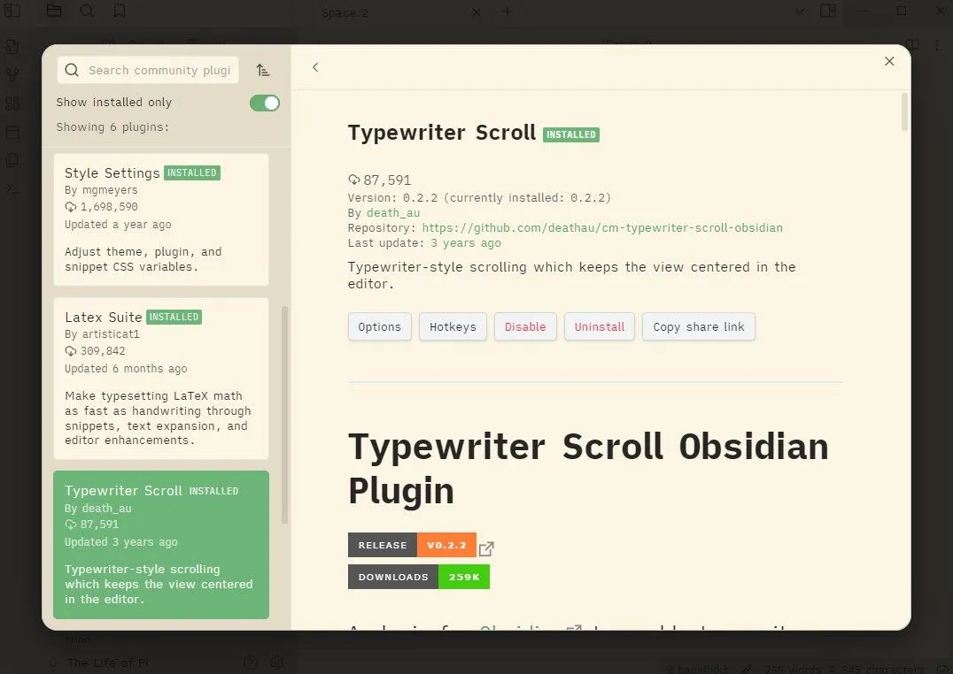 Giao diện plugin Typewriter Scroll trong Obsidian, tập trung vào dòng văn bản hiện tại