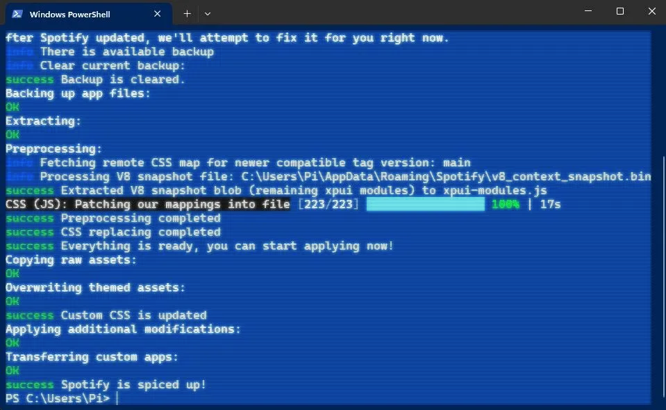 Giao diện PowerShell hiển thị lệnh cập nhật và áp dụng Spicetify trên Windows