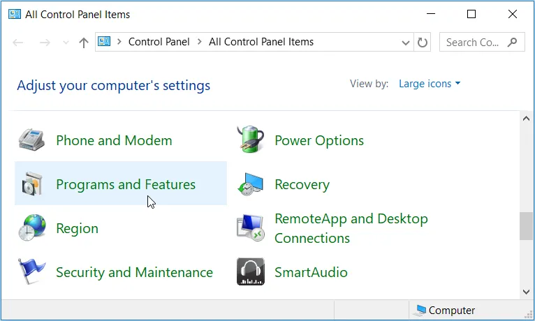 Giao diện Programs and Features khi mở từ Control Panel trên hệ điều hành Windows