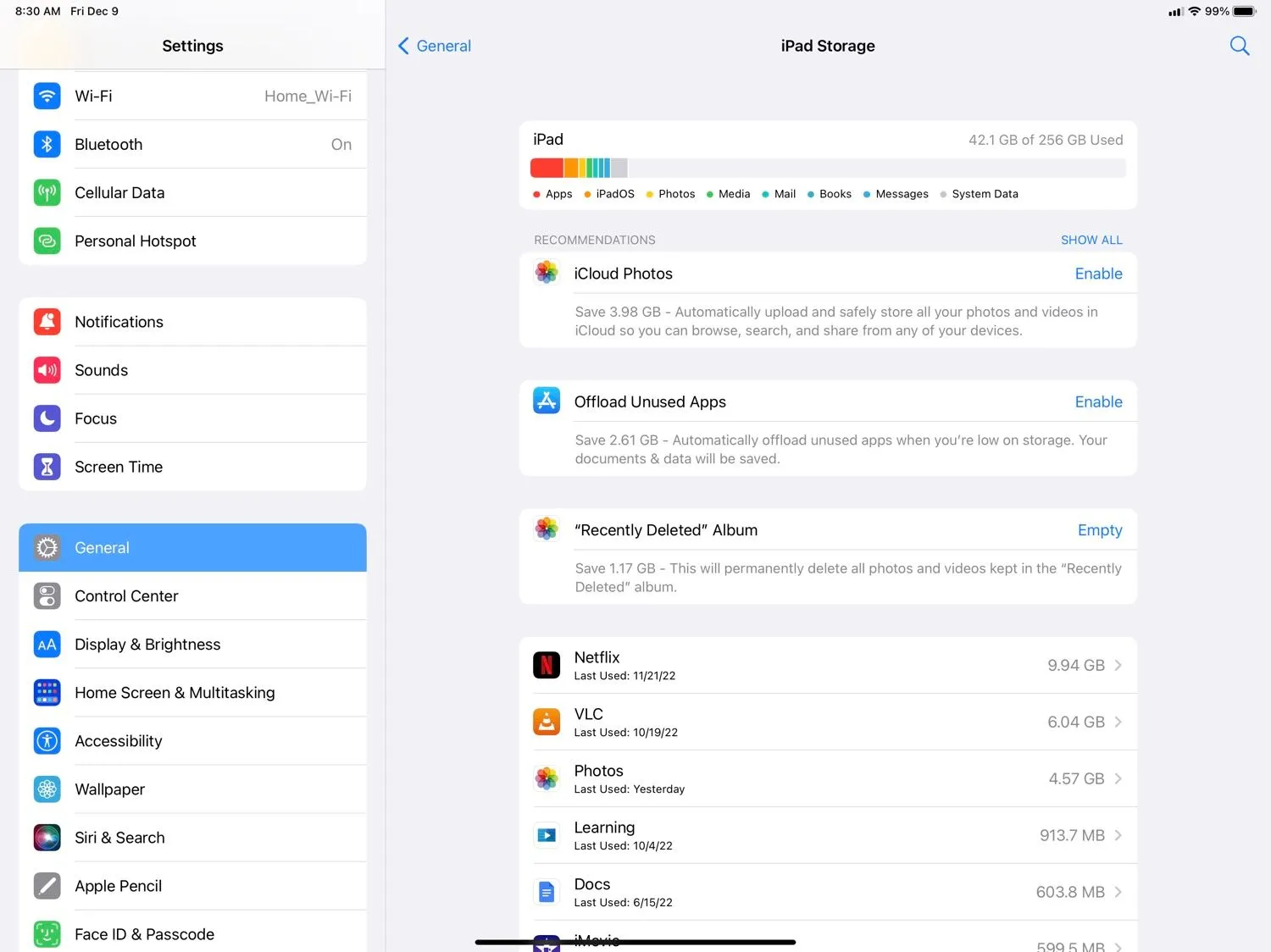 Giao diện quản lý dung lượng lưu trữ trên iPad, hiển thị mức độ sử dụng bộ nhớ của thiết bị.