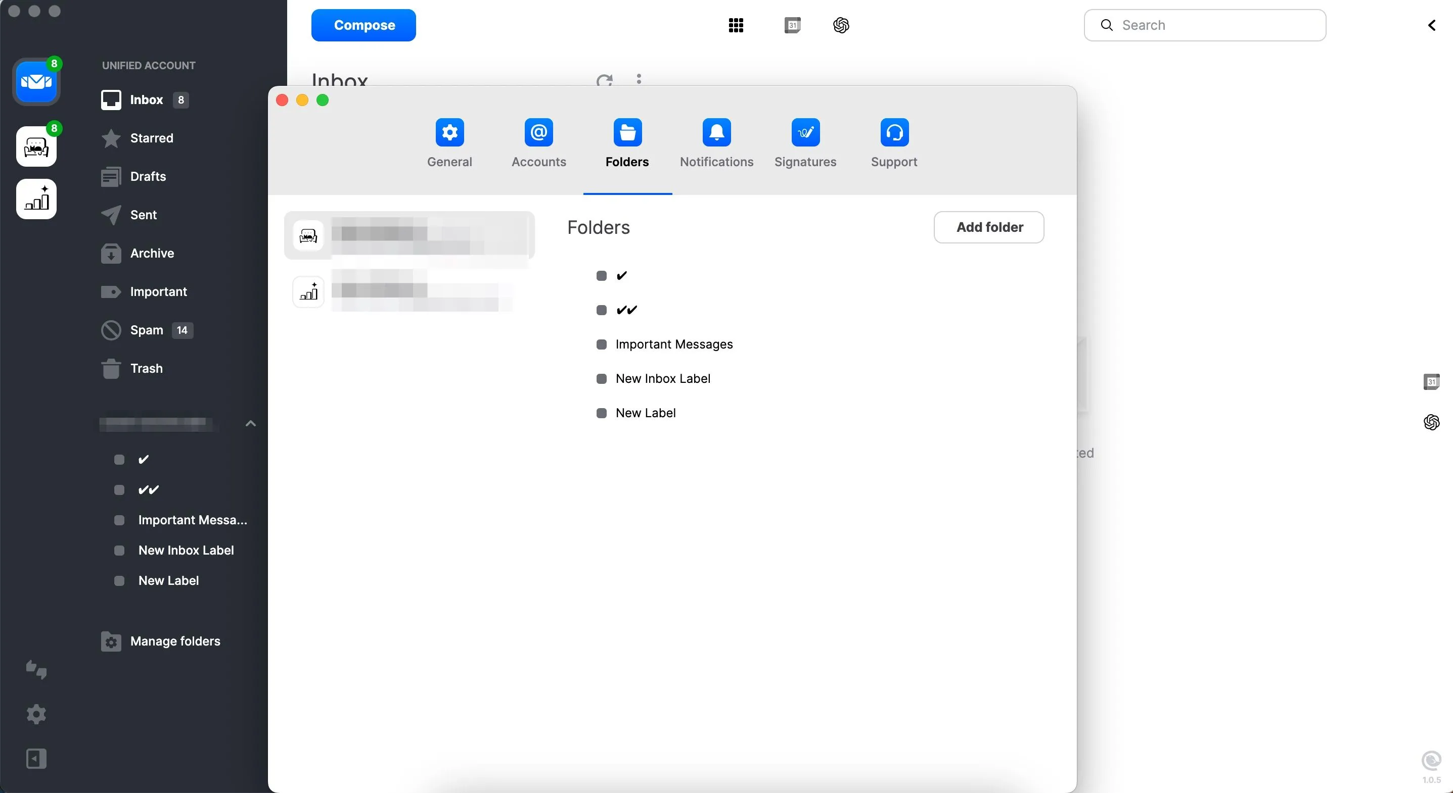 Giao diện quản lý thư mục trong Mailbird giúp sắp xếp email hiệu quả
