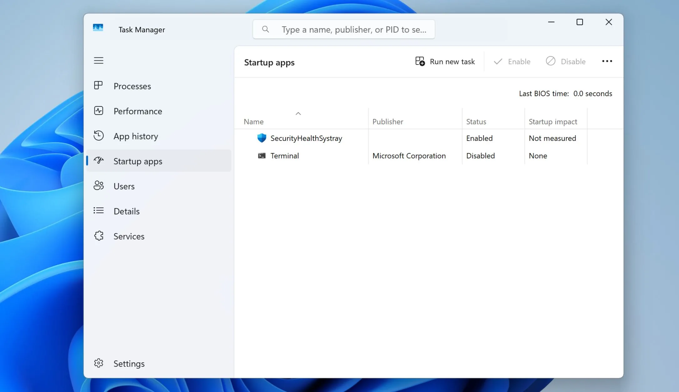 Giao diện quản lý ứng dụng khởi động trong Windows 11 Task Manager