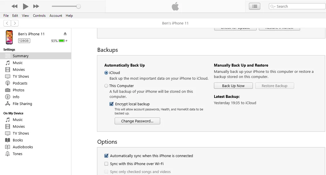 Giao diện sao lưu iPhone sang máy tính qua iTunes với tùy chọn mã hóa và khôi phục