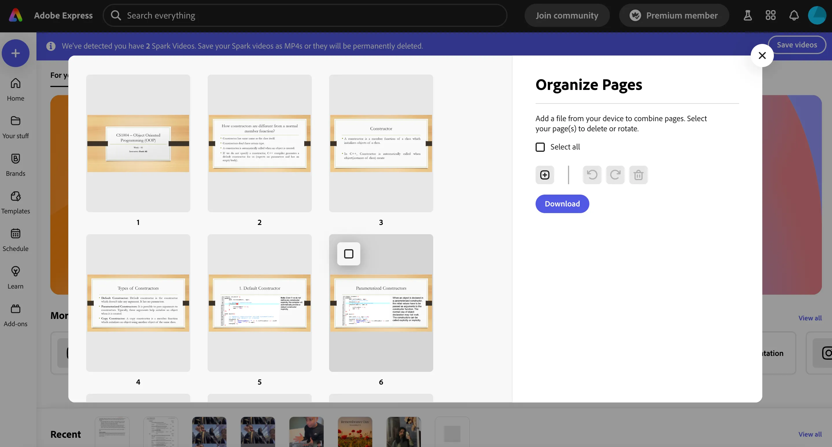 Giao diện sắp xếp trang (Organize Pages) trong Adobe Express, cho phép quản lý cấu trúc tệp PDF