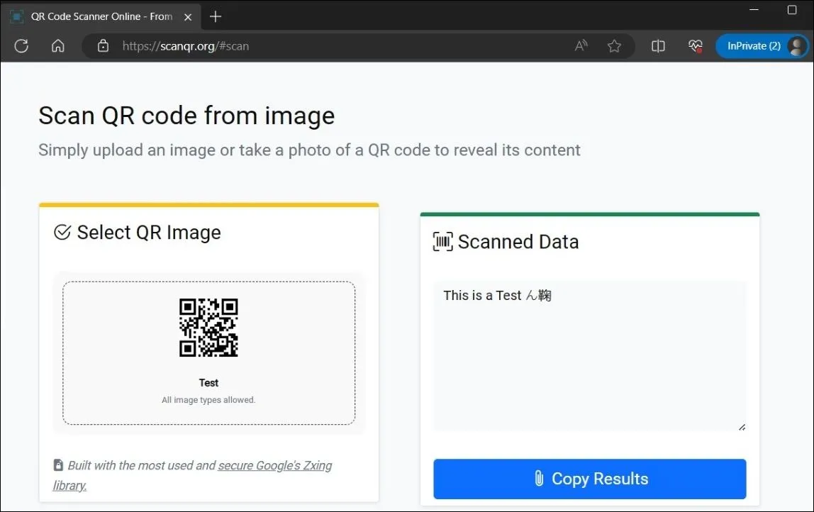 Giao diện ScanQR.org hiển thị dữ liệu đã quét từ mã QR trong ảnh