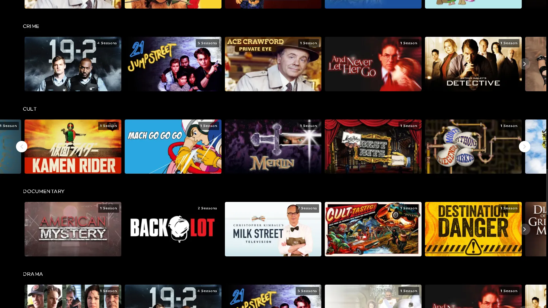 Giao diện Shout Factory TV với kho nội dung đa dạng từ phim đến chương trình TV kinh điển.