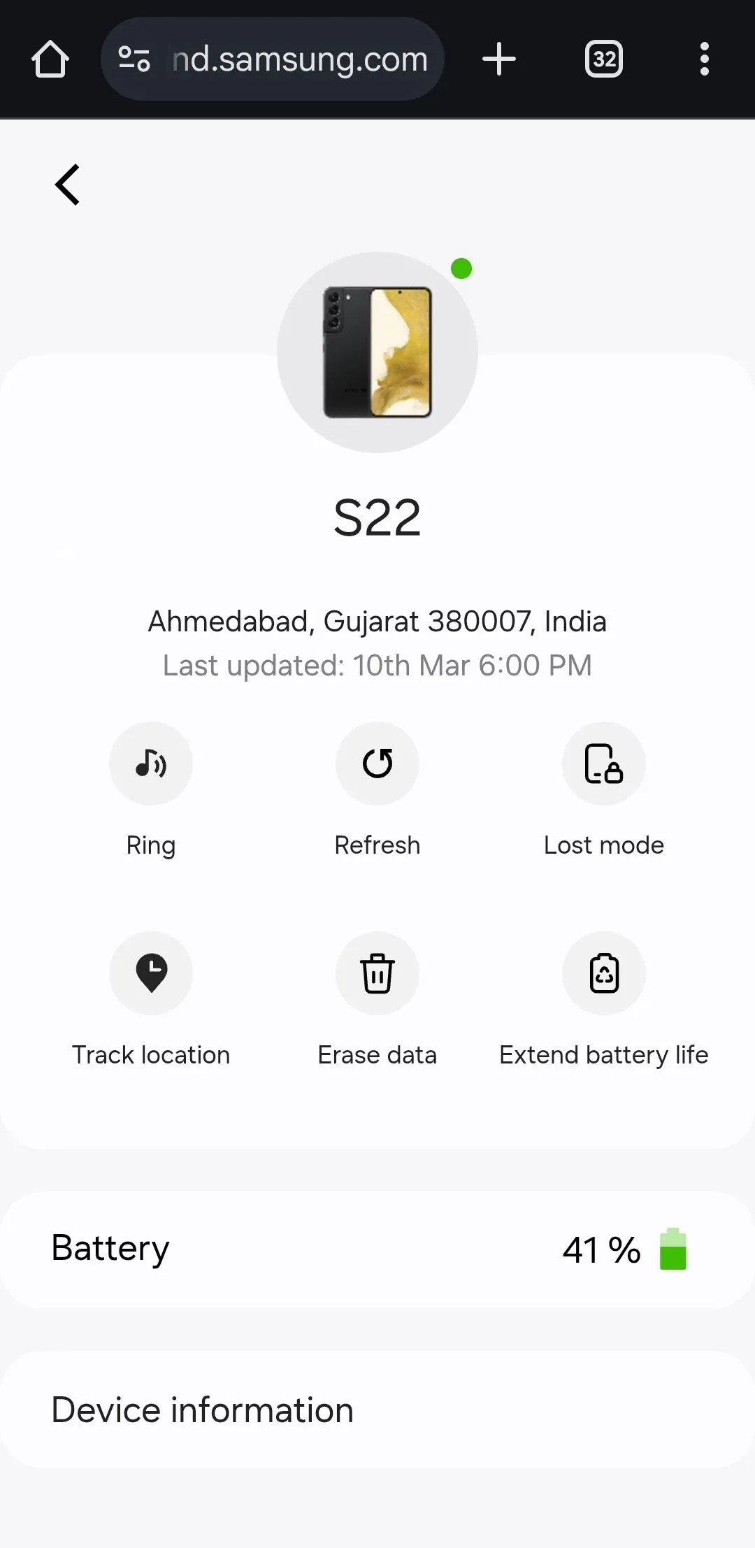 Giao diện SmartThings Find của Samsung trên trình duyệt Android, hiển thị các tùy chọn định vị và quản lý thiết bị Galaxy bị mất.
