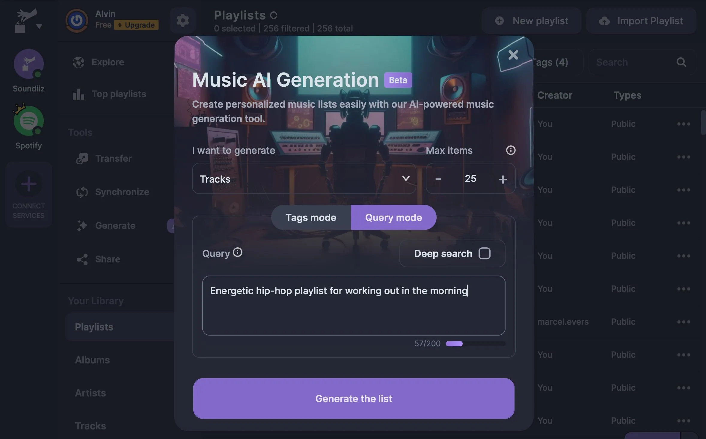 Giao diện Soundiiz khi tạo playlist bằng AI, cho phép người dùng tùy chỉnh số lượng bài hát và các thiết lập nâng cao khác.