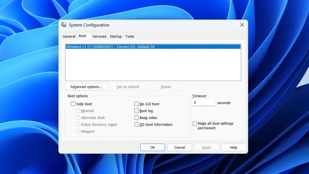 Giao diện System Configuration (msconfig) trên Windows, với các tab Boot, Services và Tools