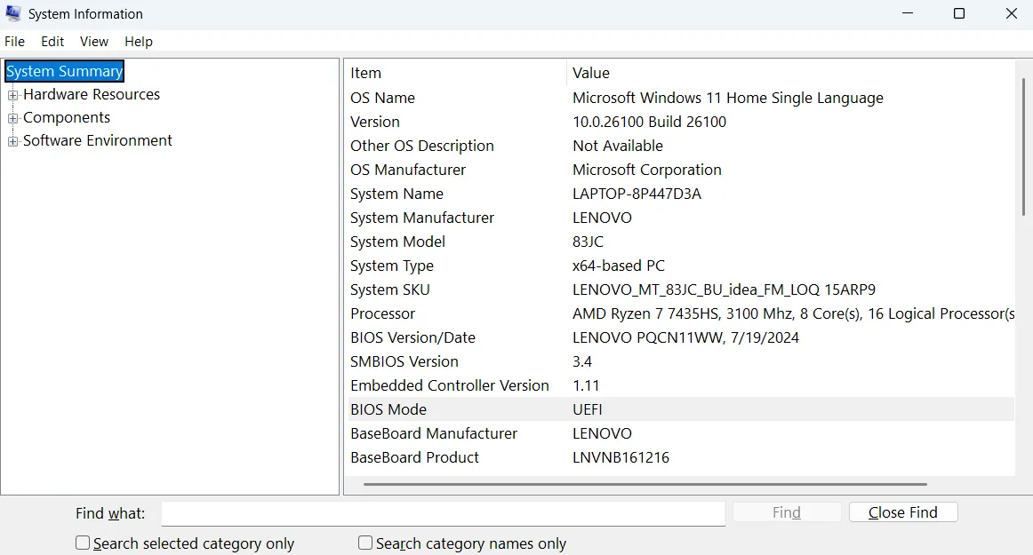 Giao diện System Information (msinfo32) trên Windows, hiển thị thông tin chi tiết về phần cứng và phần mềm
