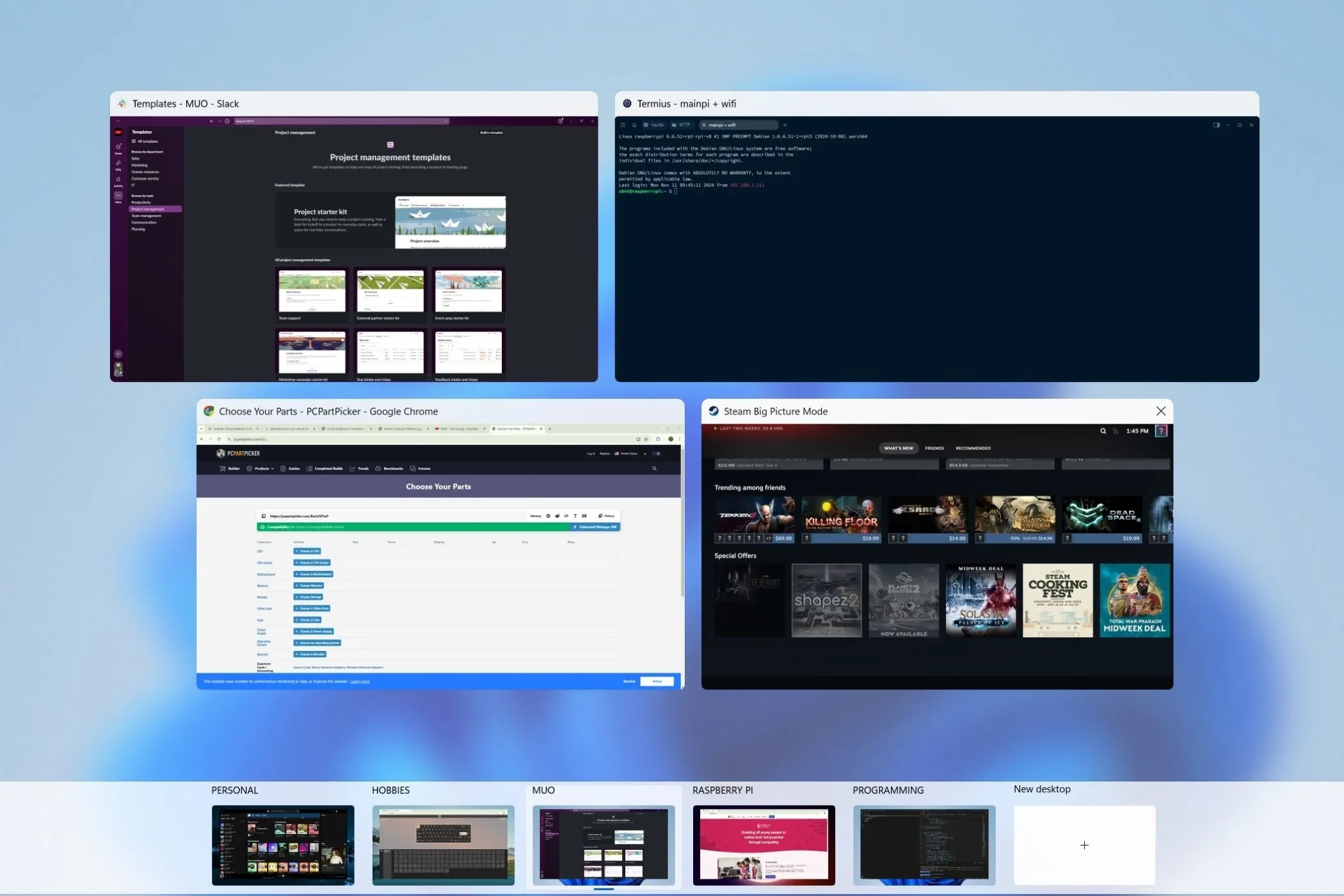 Giao diện Task View của Windows 11 hiển thị các màn hình ảo đang hoạt động, giúp người dùng dễ dàng chuyển đổi và quản lý không gian làm việc cho từng dự án.