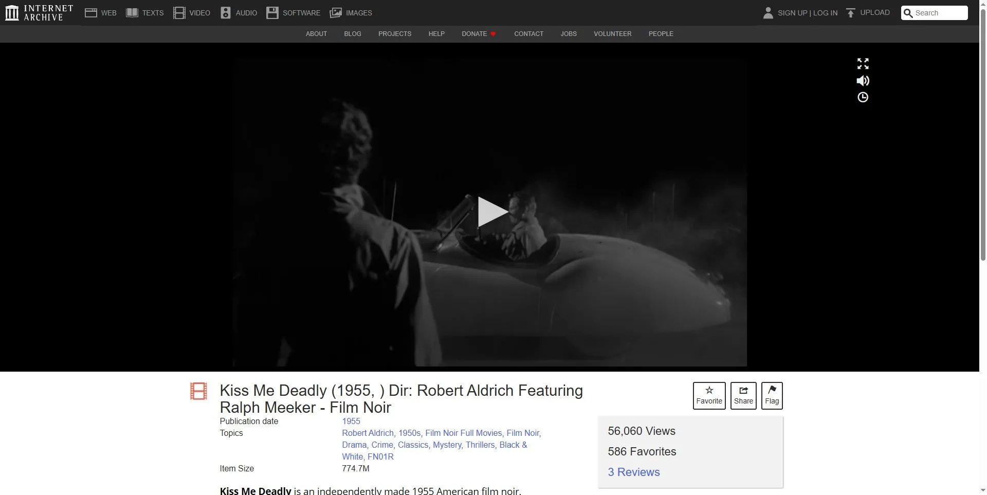 Giao diện The Internet Archive đang phát bộ phim kinh điển Kiss Me Deadly năm 1955.