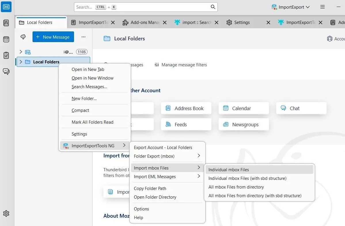 Giao diện Thunderbird hiển thị tùy chọn &quot;Import MBOX Files&quot; trong menu ngữ cảnh của Local Folders