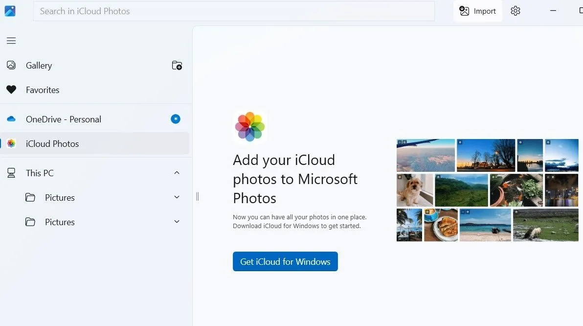 Giao diện tích hợp iCloud Photos và OneDrive trong ứng dụng Photos của Windows 11, cho phép người dùng truy cập và quản lý ảnh từ các dịch vụ đám mây