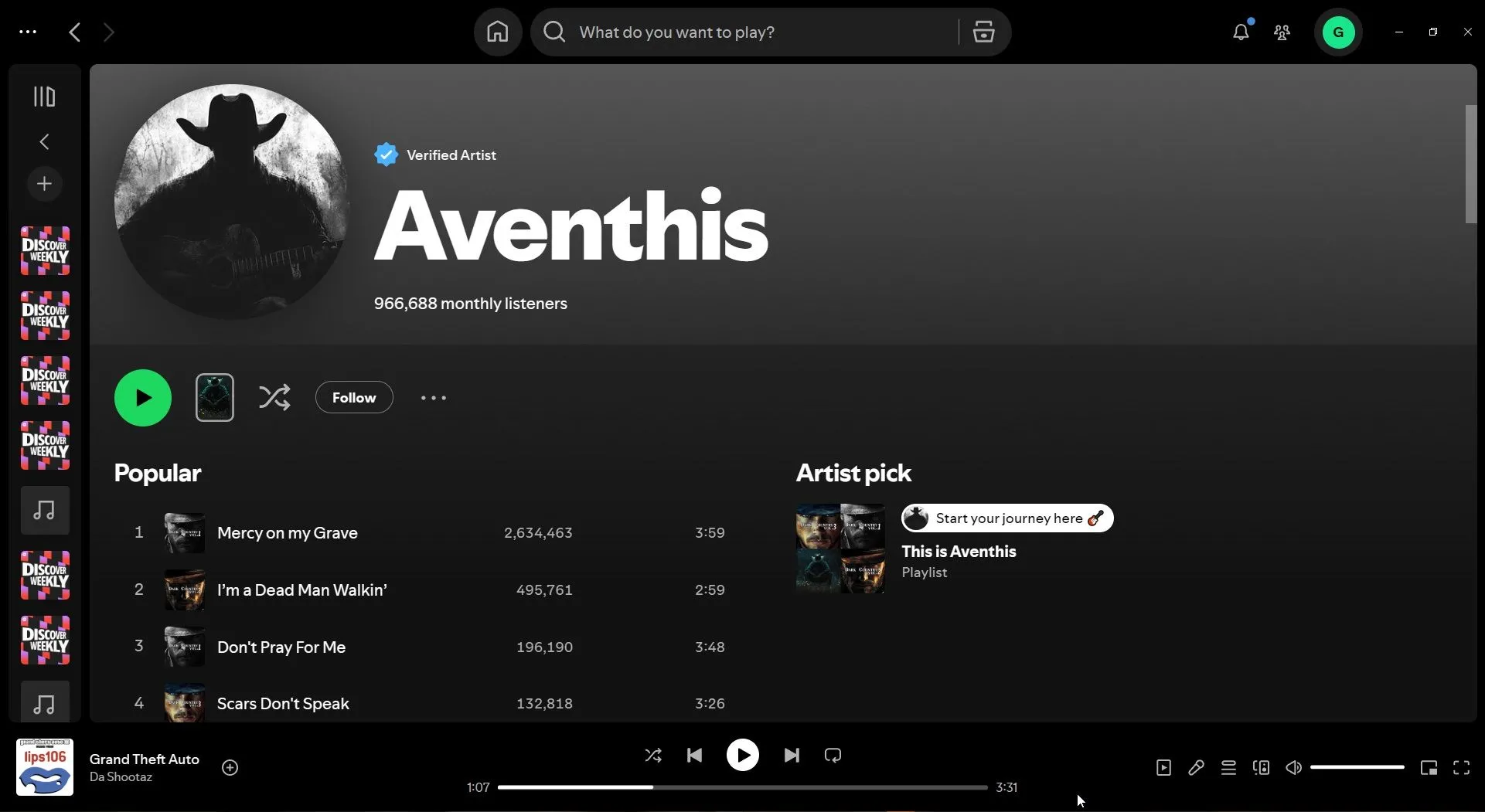 Giao diện trang ban nhạc Aventhis trên Spotify, thể hiện một ví dụ về nghệ sĩ được tạo bởi AI với phong cách âm nhạc chung chung