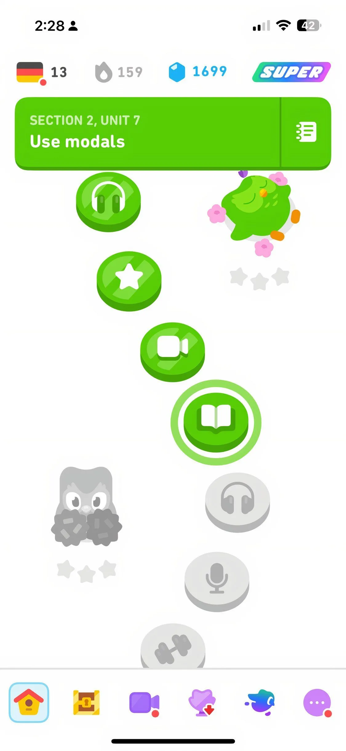 Giao diện trò chơi học ngôn ngữ của ứng dụng Duolingo, minh họa quá trình học tiếng Tây Ban Nha
