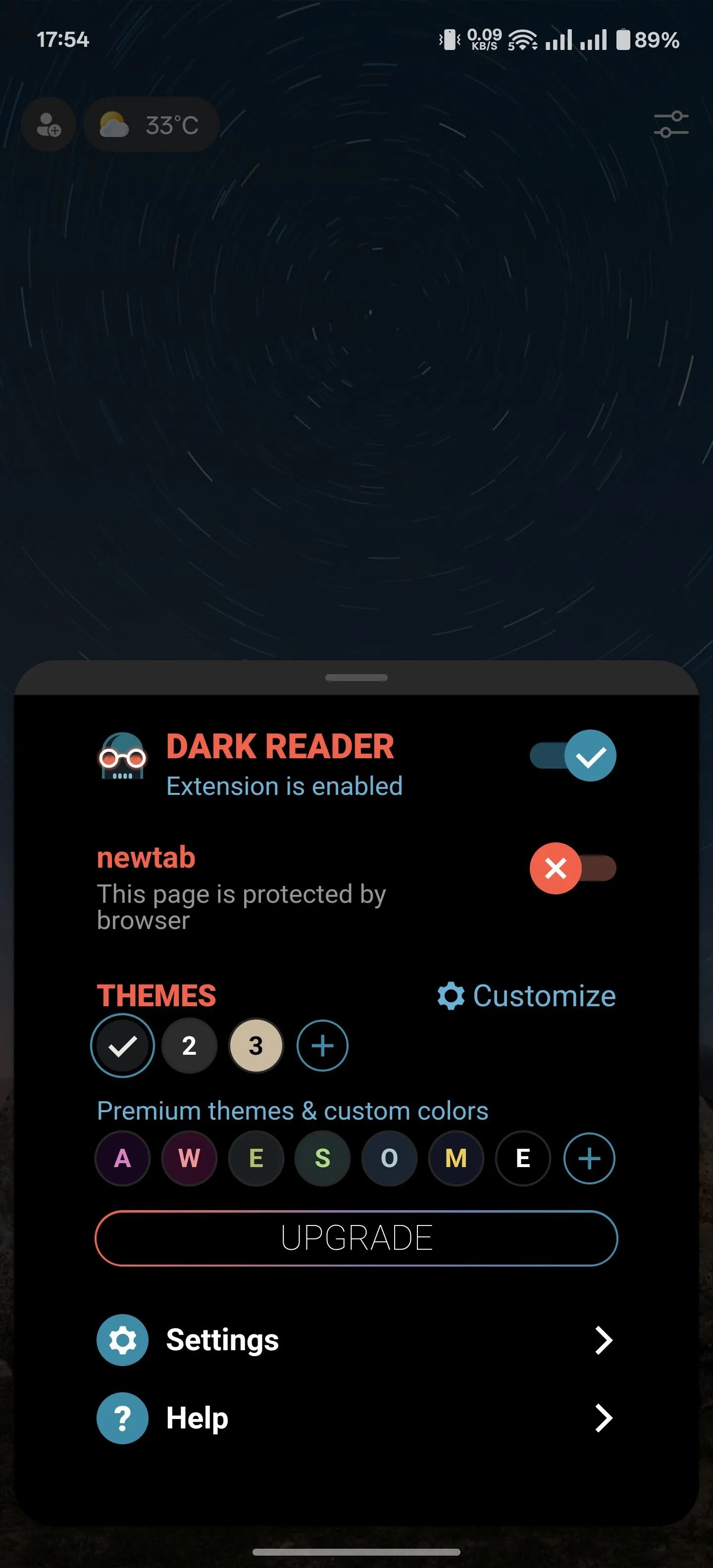 Giao diện tùy chỉnh chế độ hiển thị tối của tiện ích Dark Reader trên Edge Android