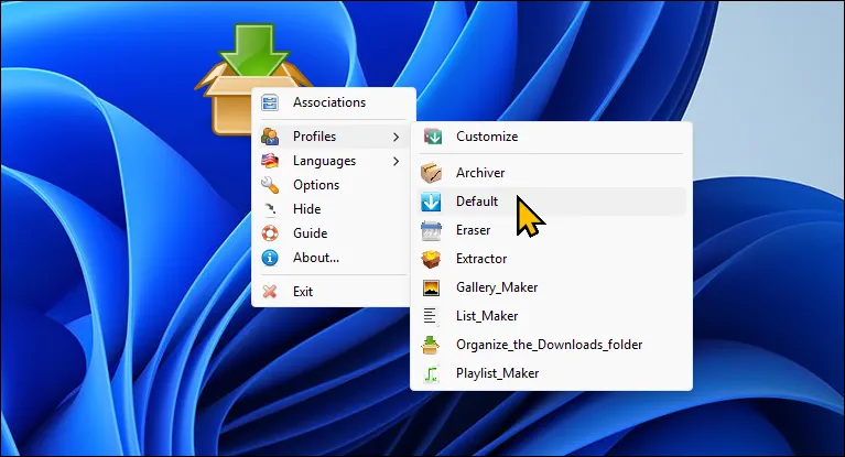 Giao diện tùy chỉnh của DropIt trên màn hình desktop Windows 11, cho phép người dùng thiết lập các quy tắc tự động hóa việc quản lý tệp tin.
