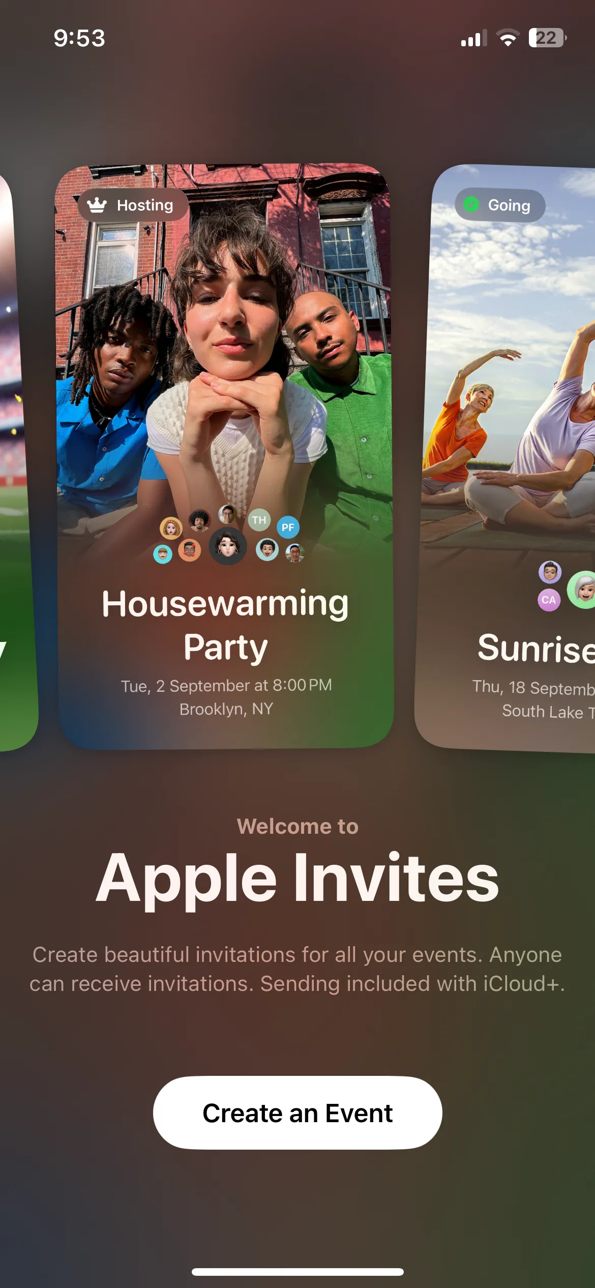 Giao diện ứng dụng Apple Invites trên iPhone, cho phép người dùng tạo và quản lý thiệp mời kỹ thuật số cho sự kiện.