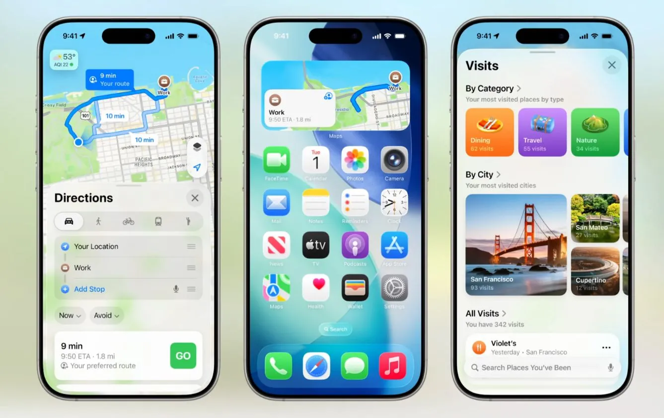 Giao diện ứng dụng Apple Maps trên iOS 26 hiển thị các tính năng nổi bật như Địa điểm đã ghé thăm và Tuyến đường gợi ý