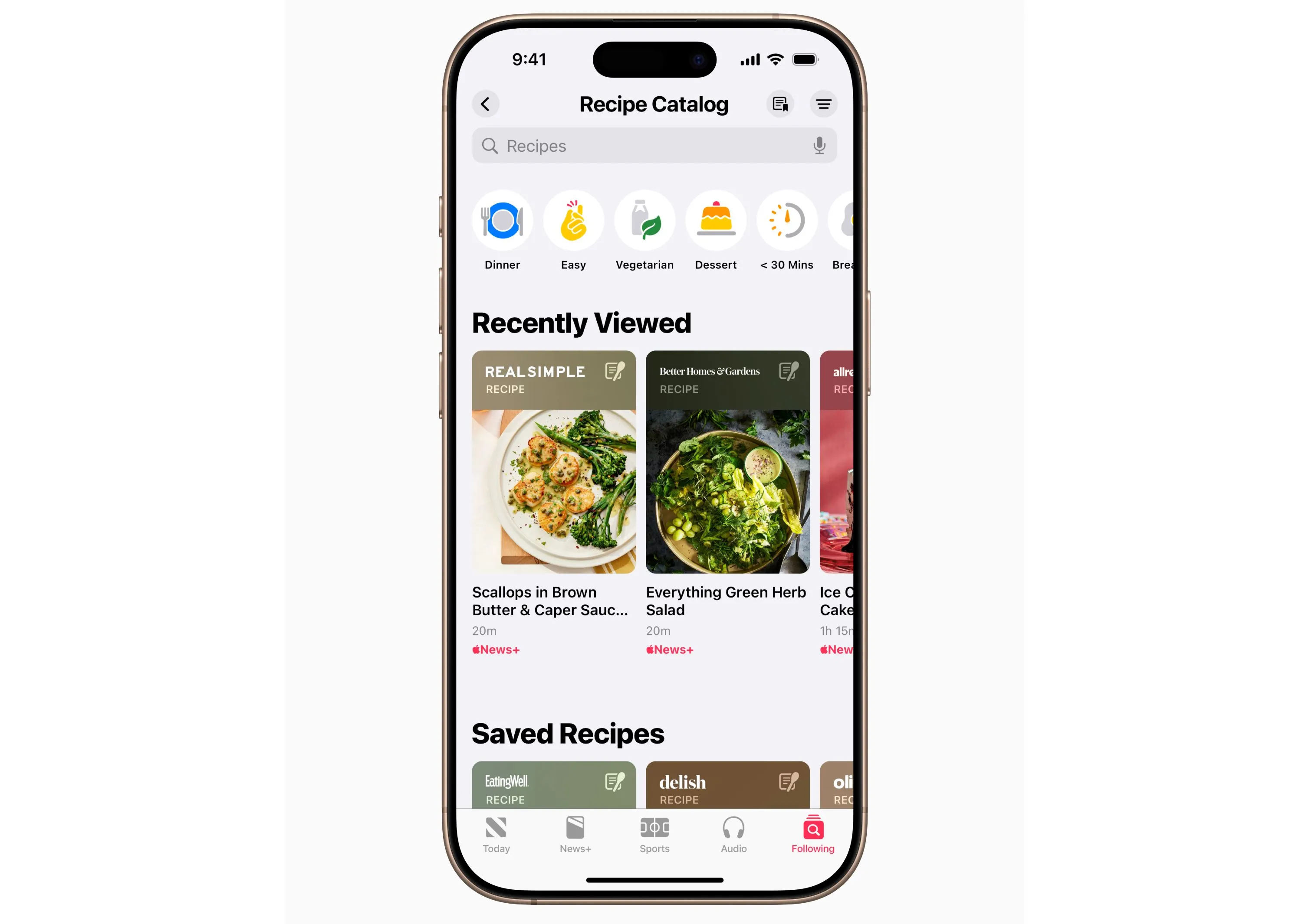 Giao diện ứng dụng Apple News+ Food hiển thị danh mục công thức nấu ăn đa dạng