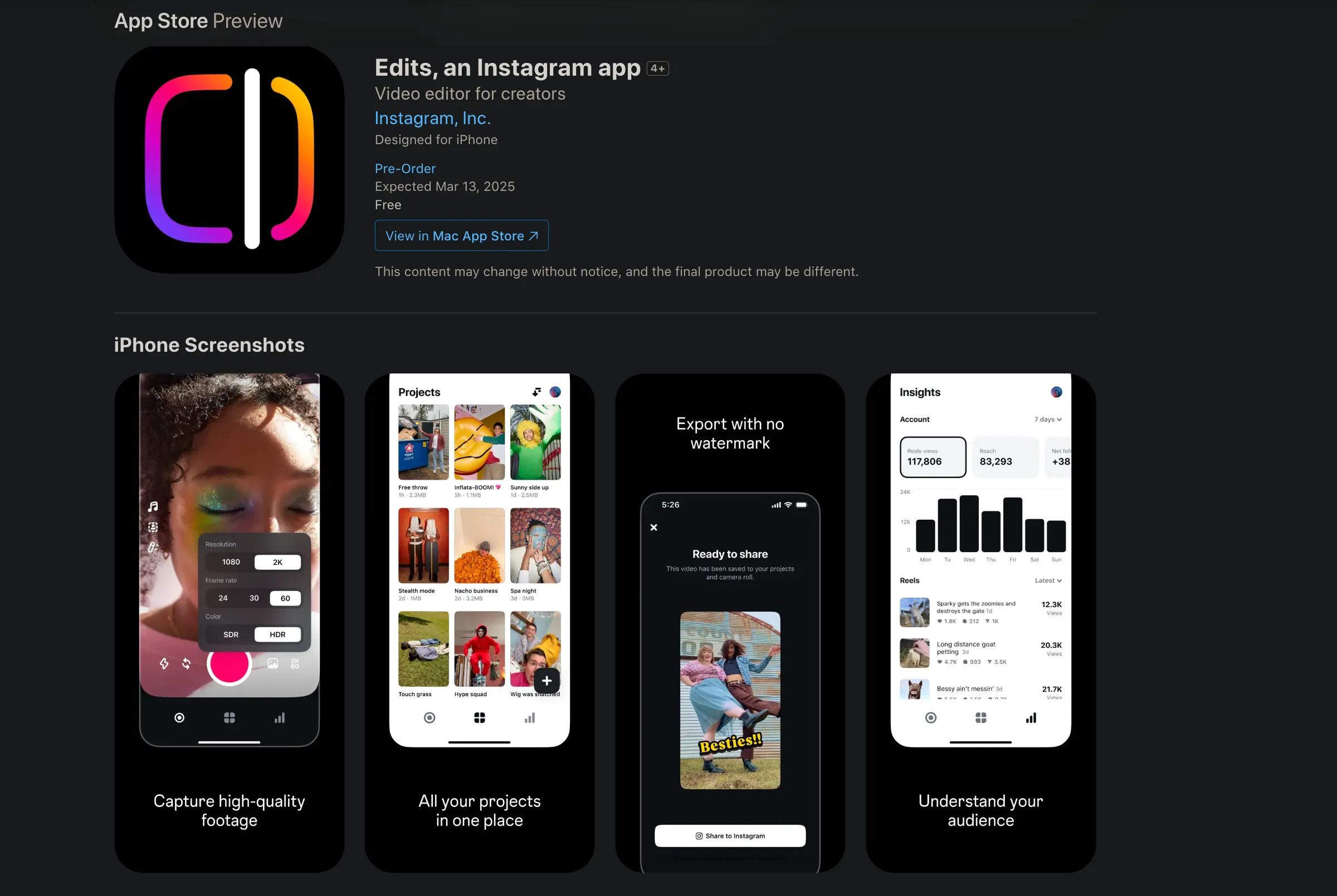 Giao diện ứng dụng Edits trên App Store cho thấy các tính năng chỉnh sửa nâng cao và tiềm năng trở thành công cụ sáng tạo toàn diện của Instagram.