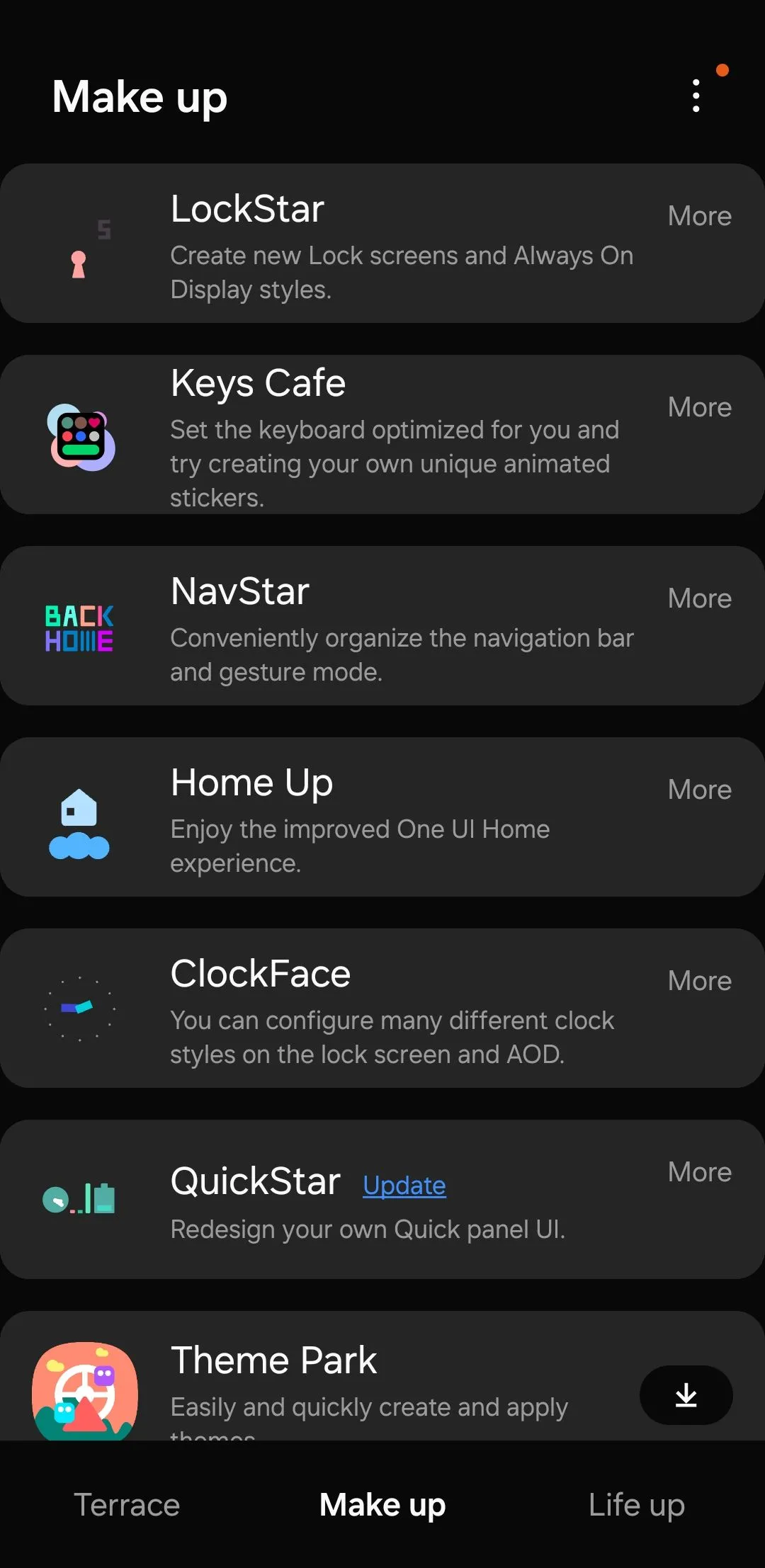Giao diện ứng dụng Good Lock trên điện thoại Samsung, hiển thị các mô-đun tùy biến sâu rộng cho giao diện One UI