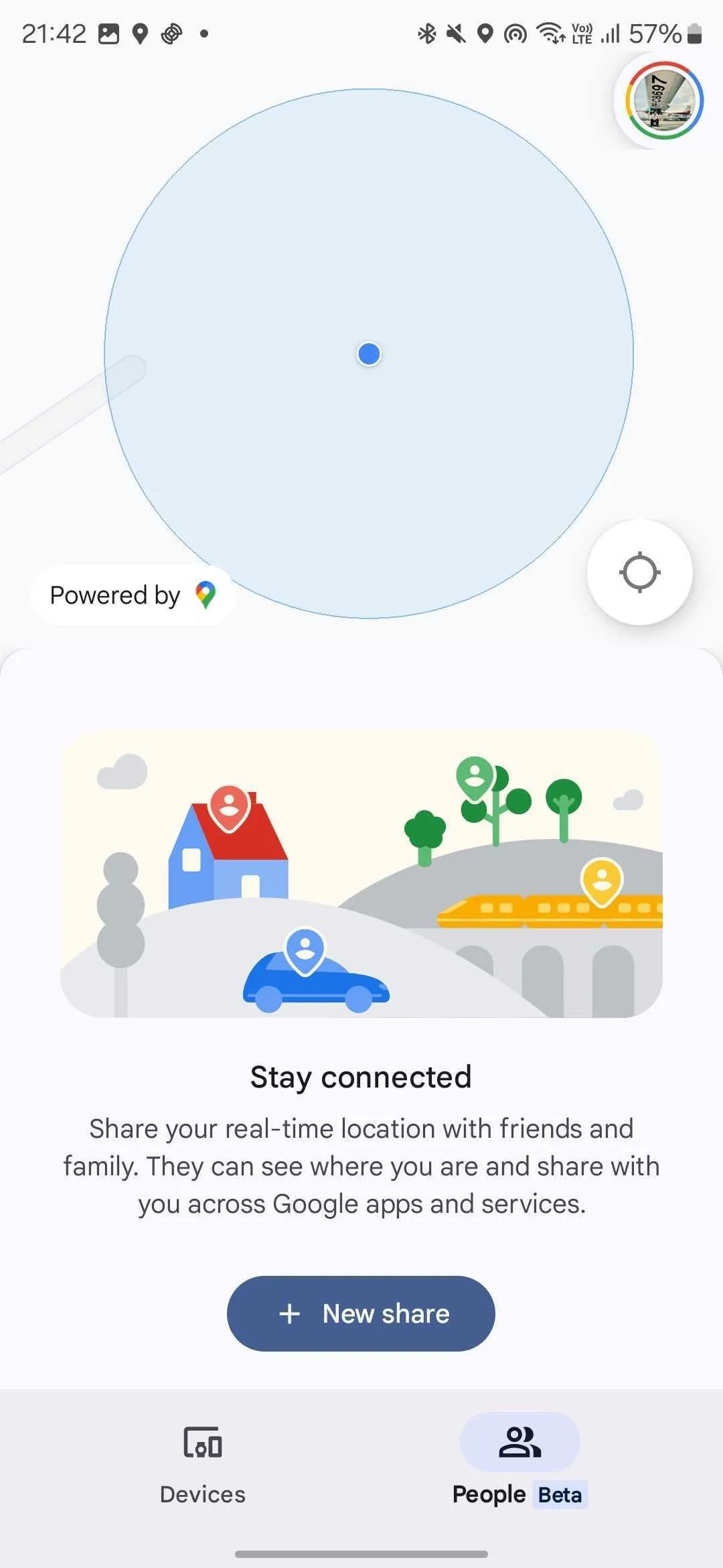 Giao diện ứng dụng Google Tìm thiết bị của tôi với tab Mọi người (Beta) được chọn