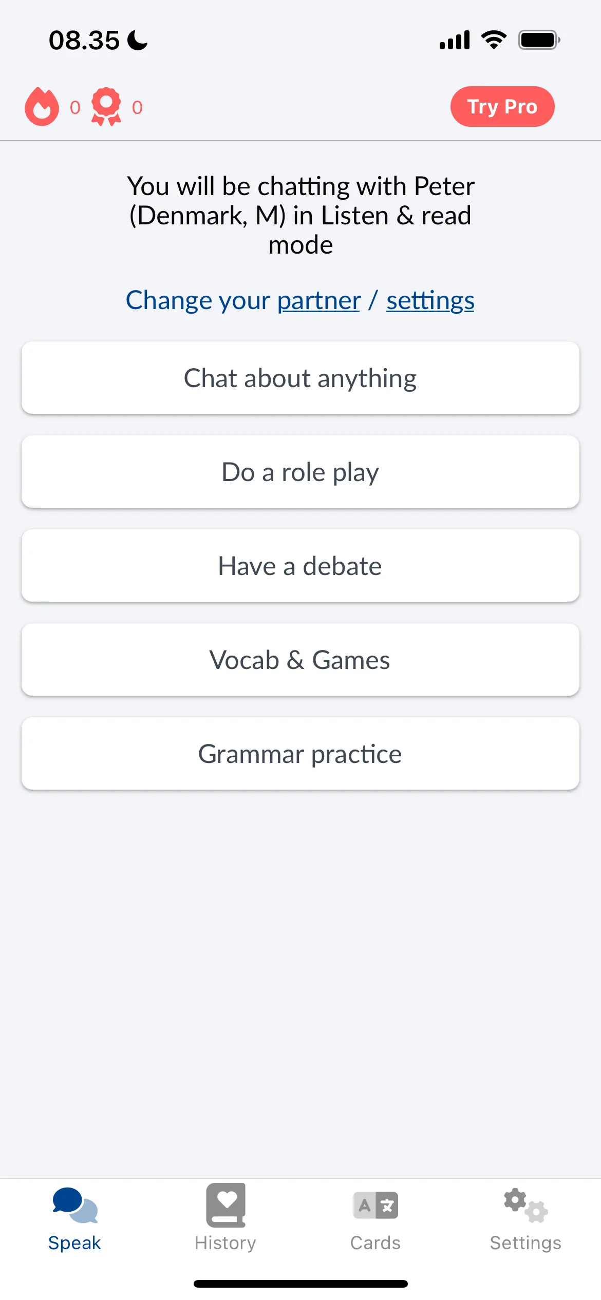 Giao diện ứng dụng LanguaTalk trên iOS để học ngôn ngữ