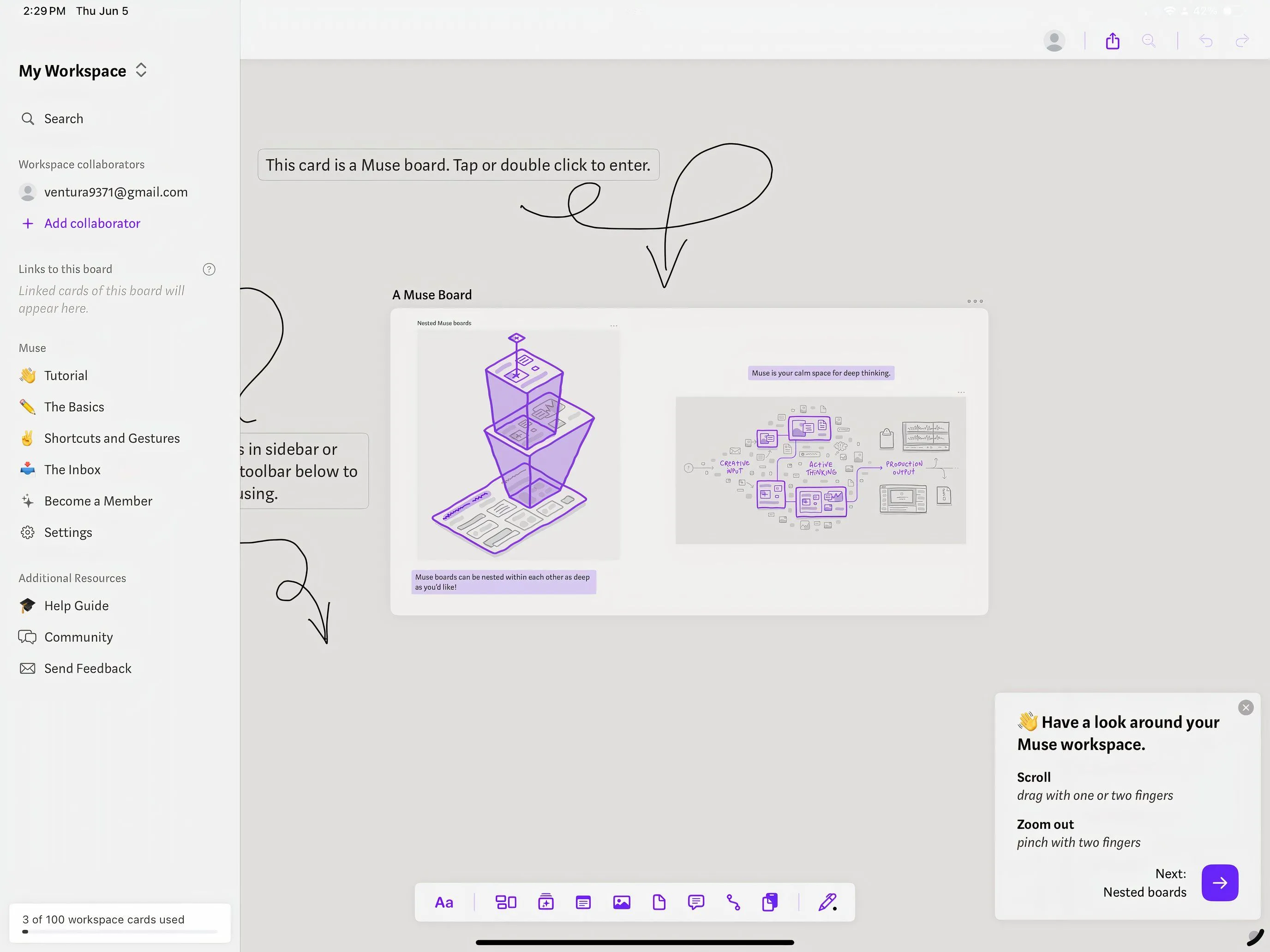Giao diện ứng dụng Muse trên iPad với nhiều khung bảng trắng lồng ghép và các ghi chú, hình ảnh, tài liệu được sắp xếp linh hoạt, thể hiện không gian làm việc trực quan cho ý tưởng.
