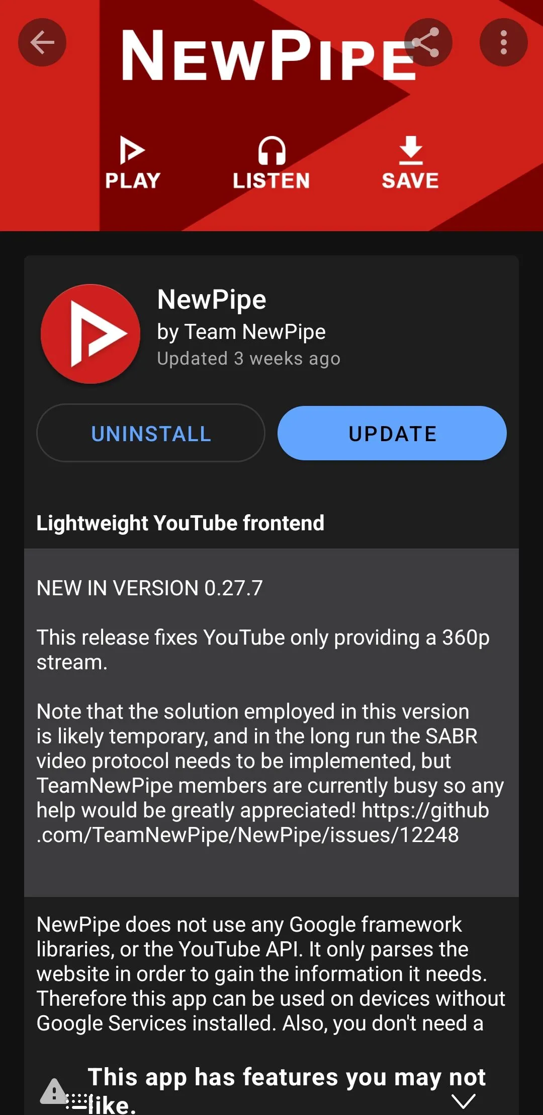 Giao diện ứng dụng NewPipe từ F-Droid trên điện thoại Android