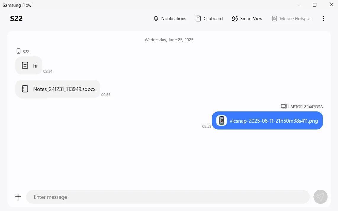 Giao diện ứng dụng Samsung Flow trên máy tính Windows, hiển thị lịch sử chuyển file và các tùy chọn.