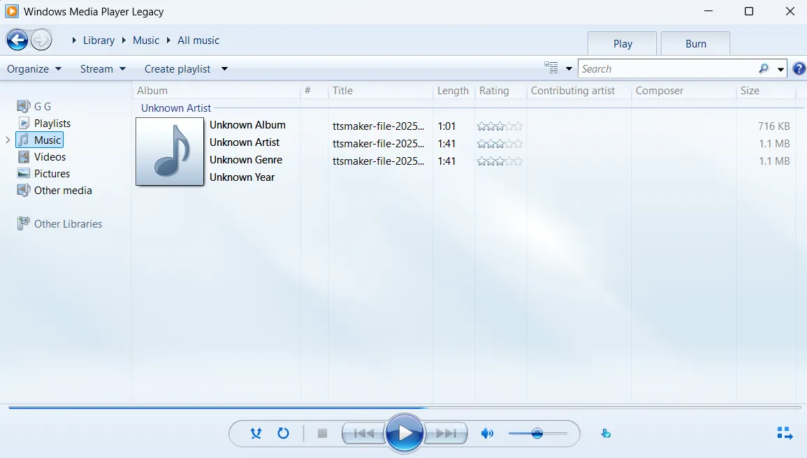 Giao diện ứng dụng Windows Media Player Phiên Bản Cũ trên Windows 11.
