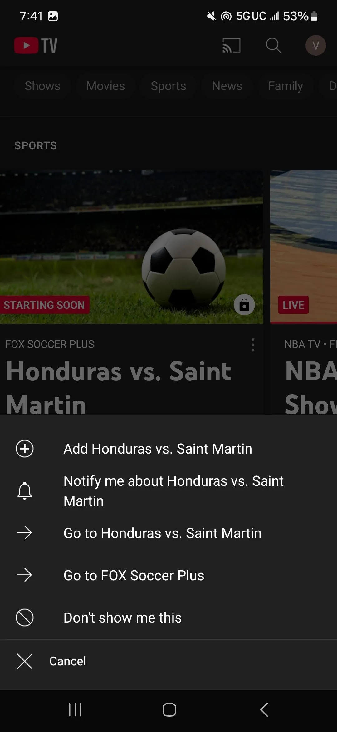Giao diện ứng dụng YouTube TV hiển thị biểu tượng chuông thông báo cho nội dung trực tiếp