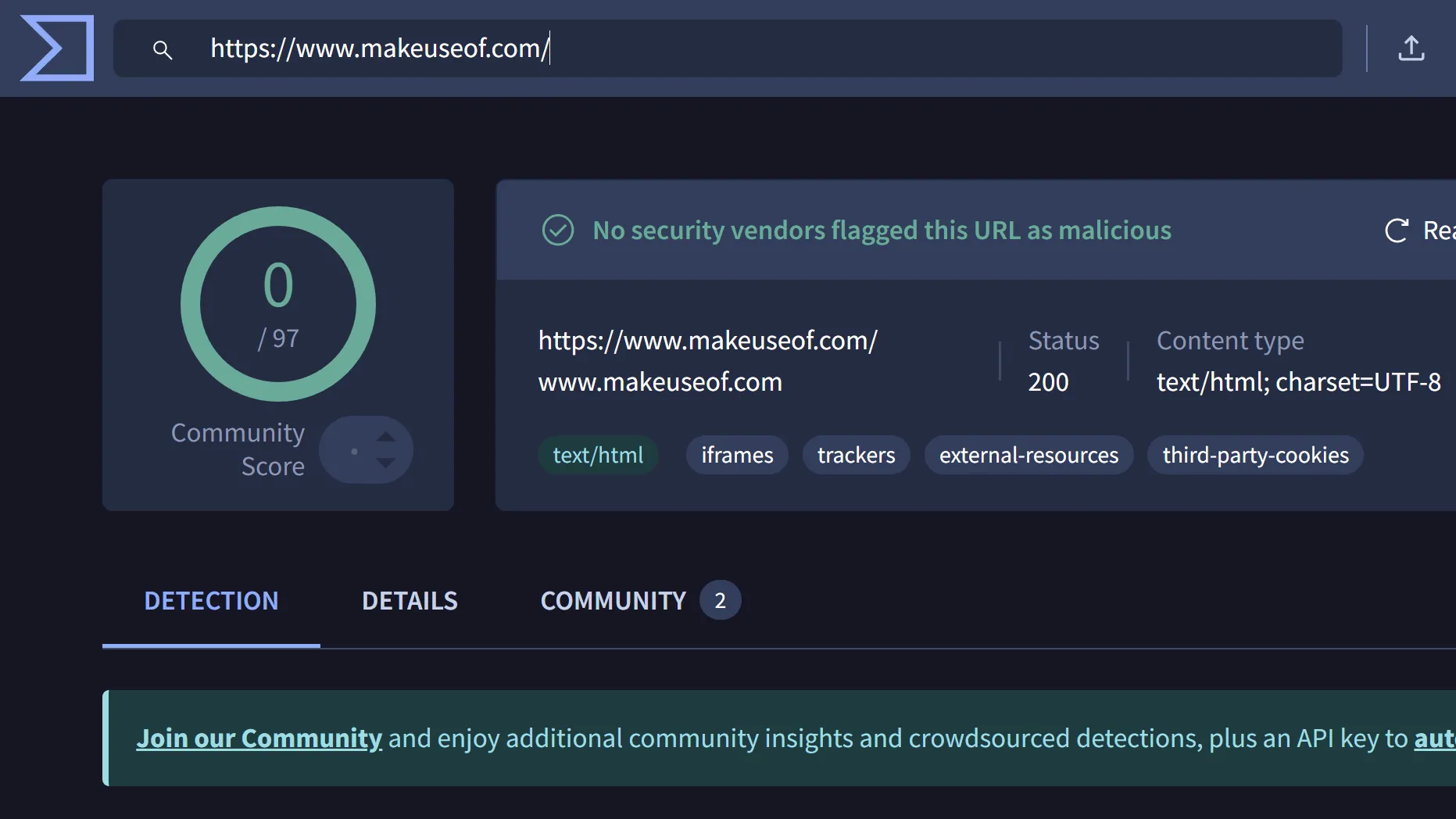 Giao diện VirusTotal cho thấy kết quả quét URL không phát hiện mã độc, hỗ trợ kiểm tra an toàn.