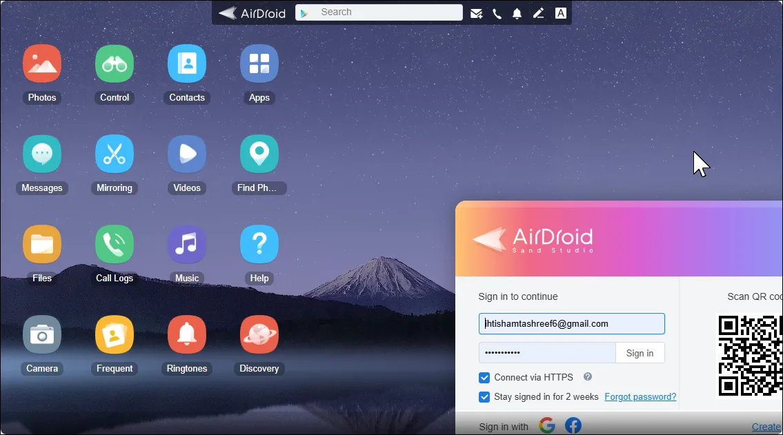 Giao diện web của AirDroid, hiển thị các tính năng quản lý và điều khiển điện thoại từ xa.