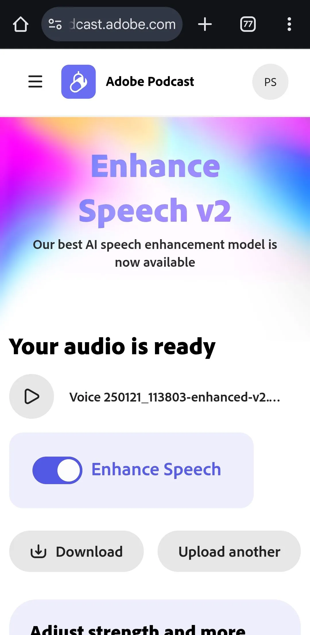 Giao diện website Adobe Enhance Speech hiển thị tùy chọn tải xuống tệp âm thanh đã khử ồn
